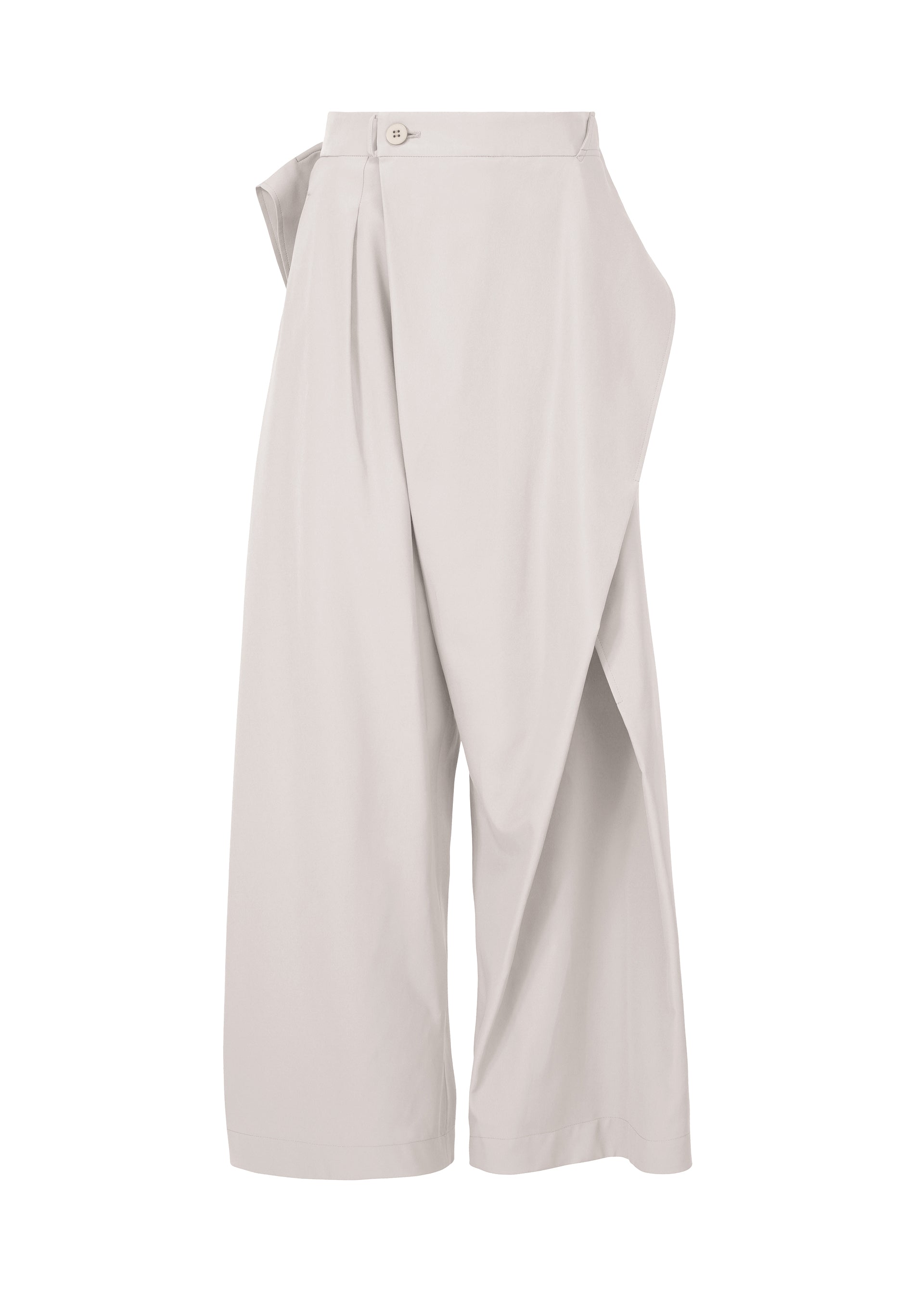 Zoomed view The FLUTTERING PANTS by ISSEY MIYAKE are high-waisted, wide-leg light beige trousers in a matte double-woven fabric, featuring an asymmetric wrap front, buttoned waistband, and a draped modern silhouette. - LIGHT GRAY (no.11)