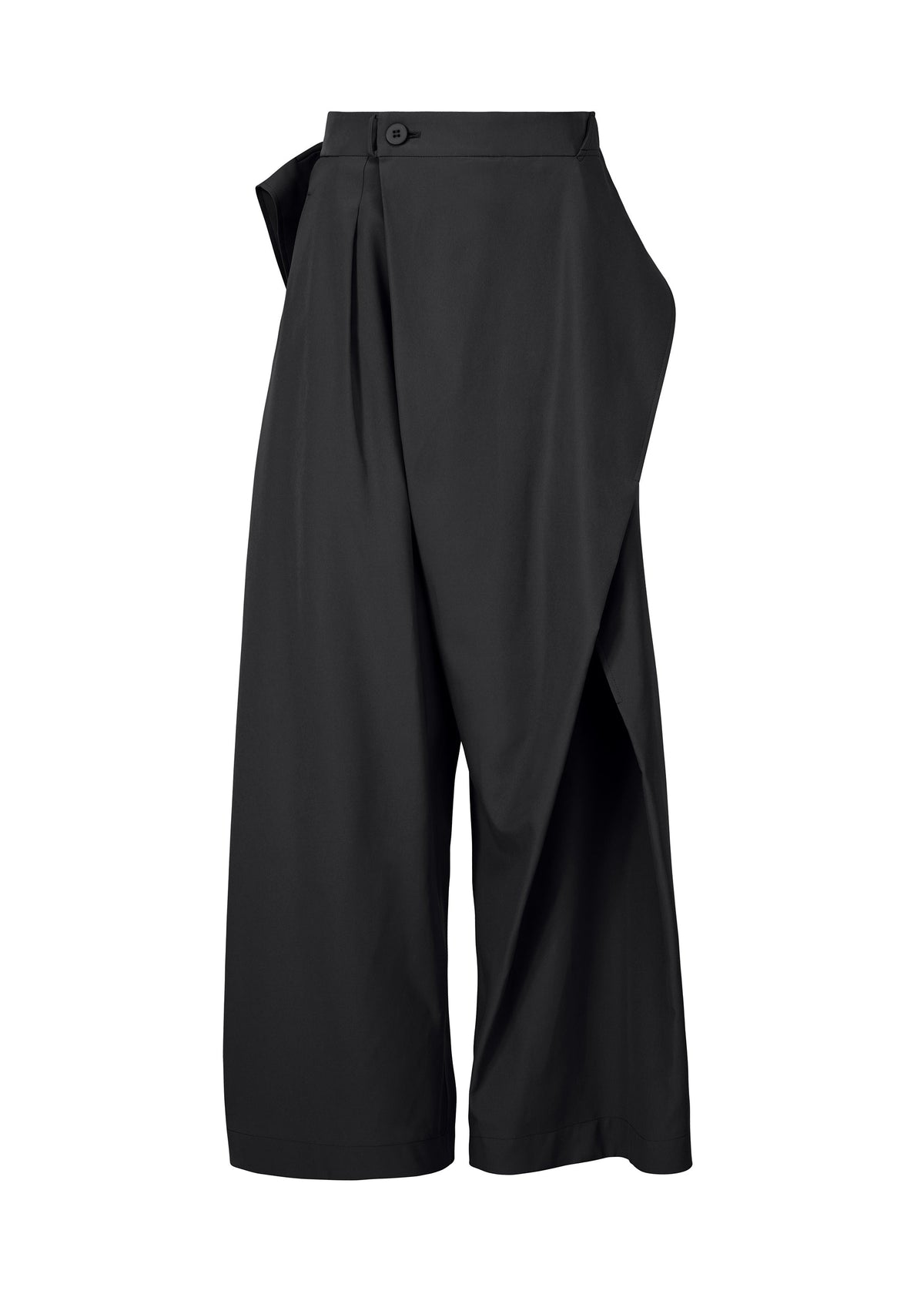 The FLUTTERING PANTS by ISSEY MIYAKE are high-waisted, wide-leg black double-woven pants featuring an asymmetrical front wrap, side pocket, cropped length, and matte finish. Shown on a plain white background. view 2 of 9