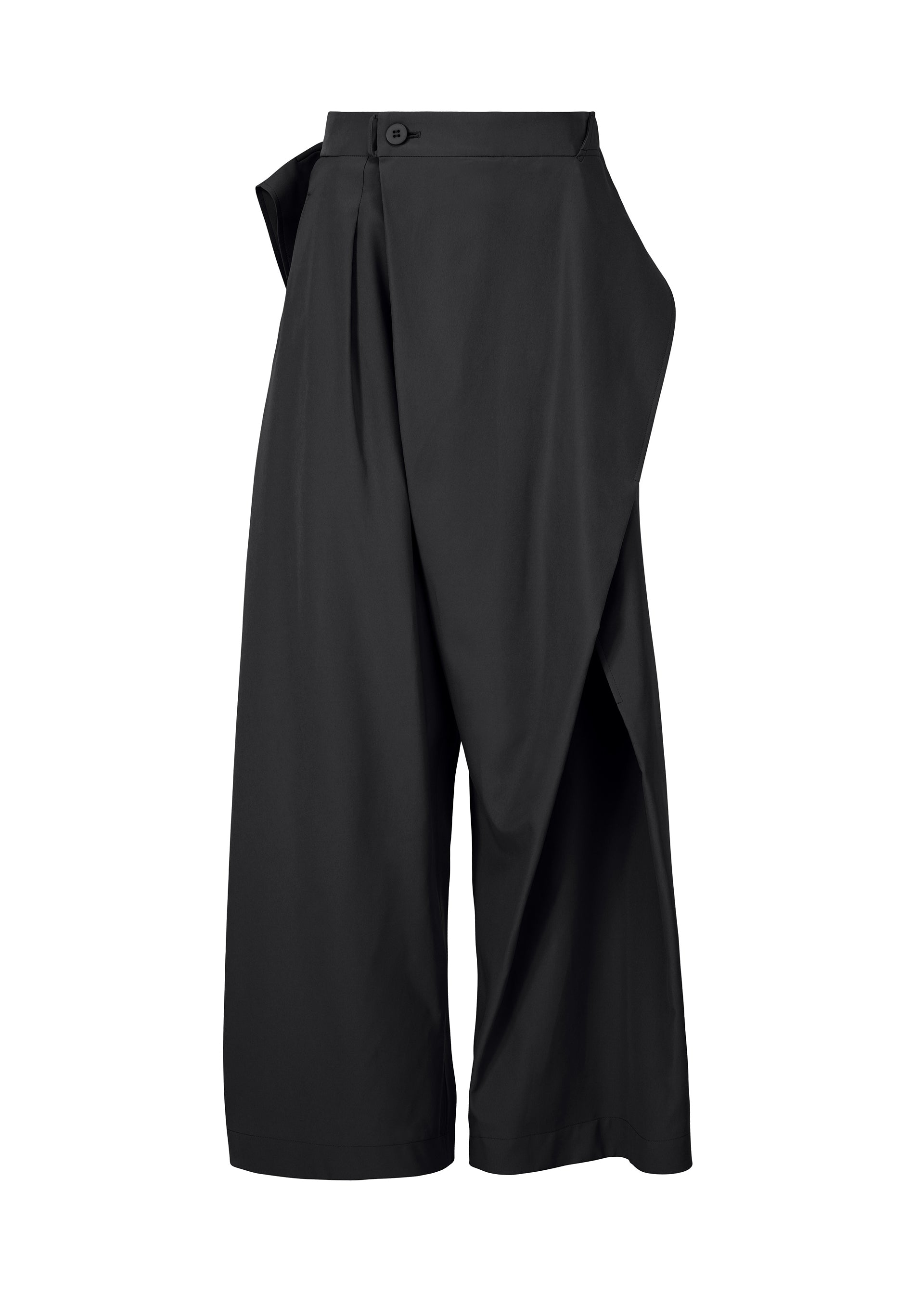 Zoomed view The FLUTTERING PANTS by ISSEY MIYAKE are high-waisted, wide-leg black double-woven pants featuring an asymmetrical front wrap, side pocket, cropped length, and matte finish. Shown on a plain white background. - BLACK （no.15）