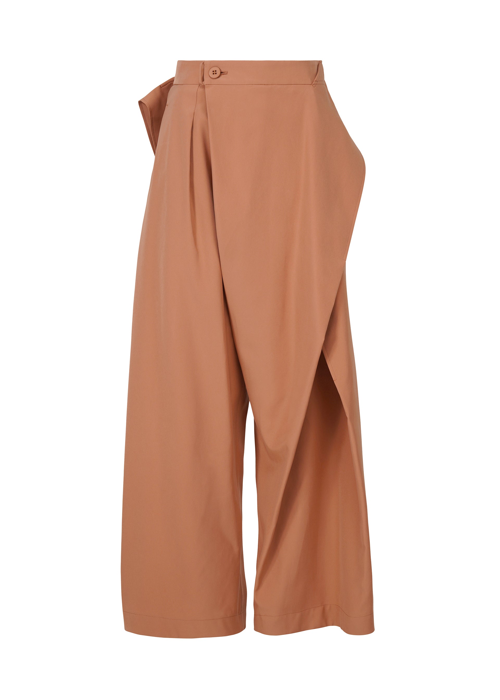 Zoomed view ISSEY MIYAKE’s FLUTTERING PANTS are tan, wide-leg, high-waisted pants made from high-density double-woven fabric, featuring an asymmetrical wrap detail, button waist closure, and a matte finish for a refined drape.