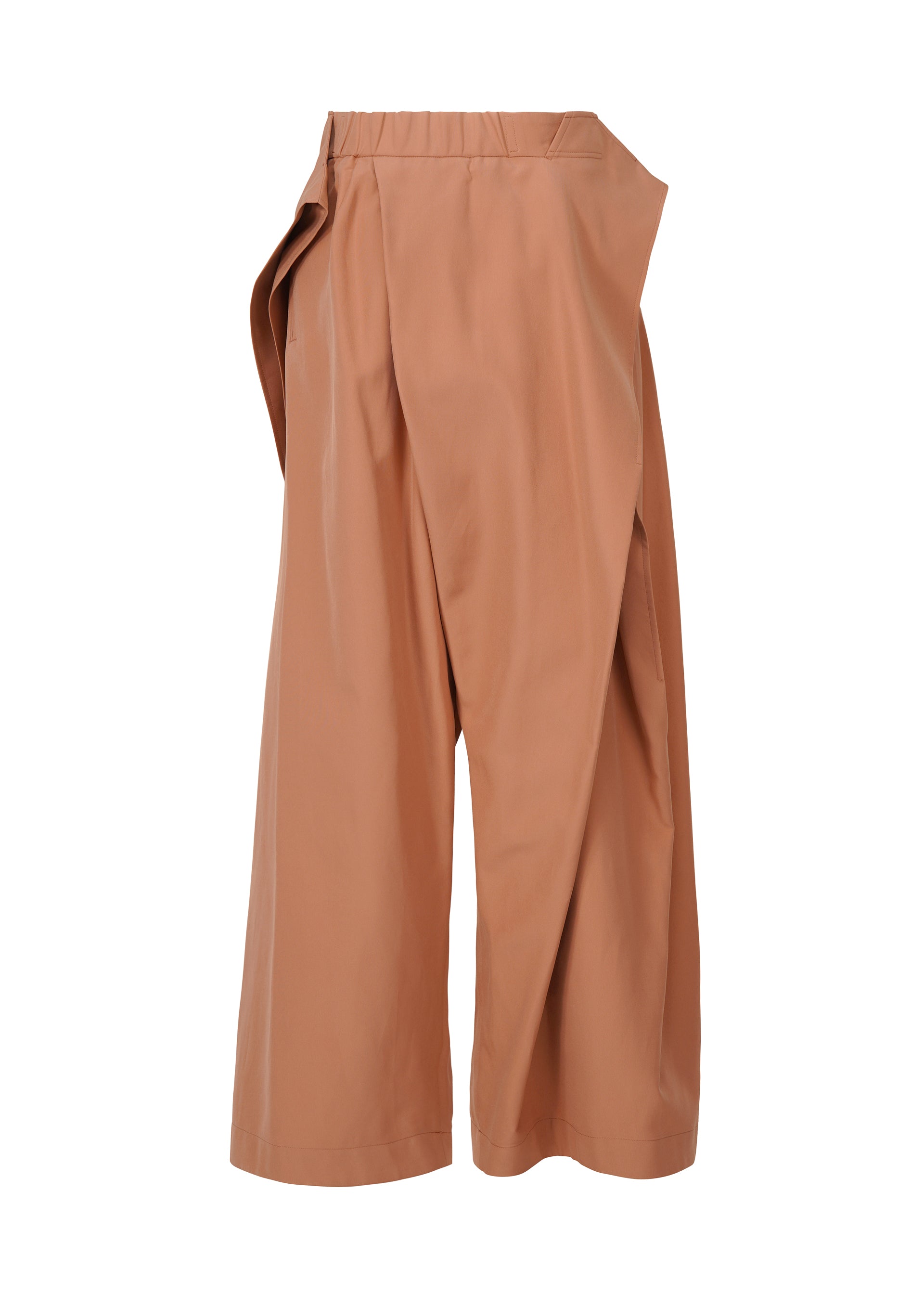 Zoomed view The FLUTTERING PANTS by ISSEY MIYAKE are high-waisted, wide-leg tan culottes featuring an asymmetric overlapping front panel and loose fit, made from high-density double-woven fabric for structure and a subtle matte finish.
