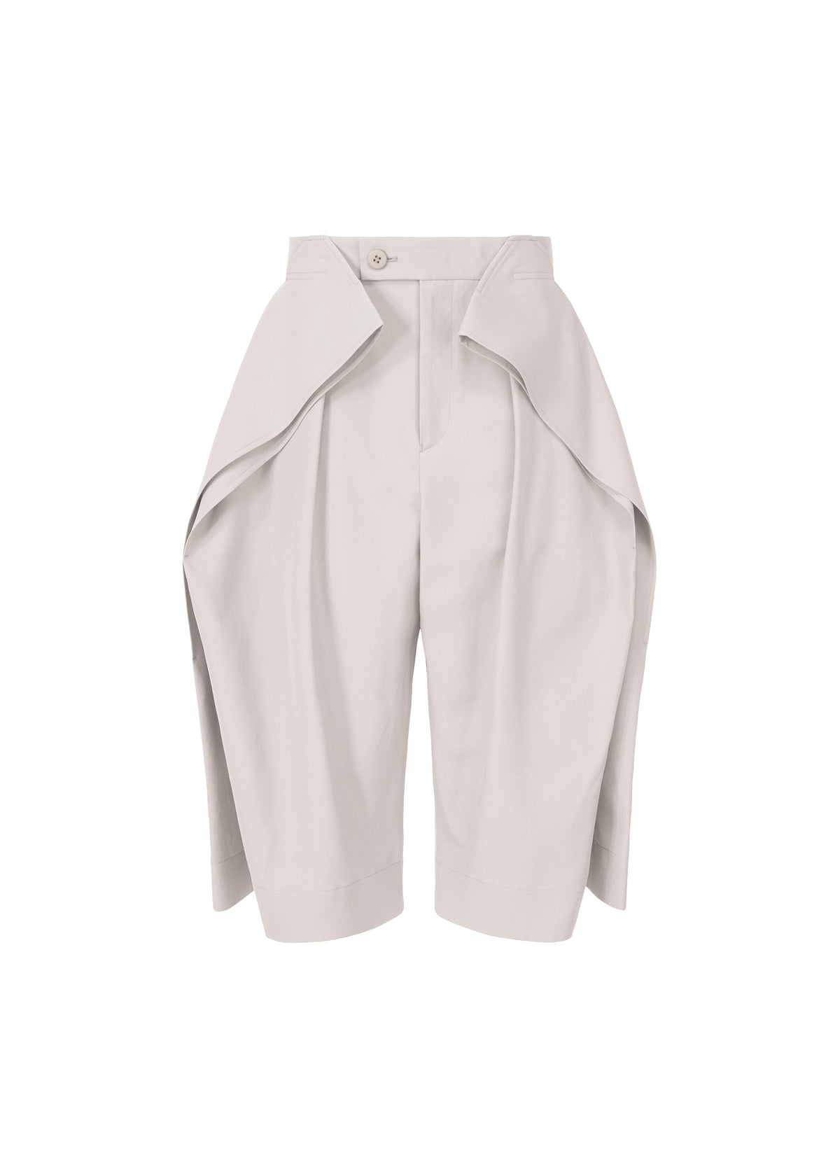 The FLUTTERING PANTS by ISSEY MIYAKE are light grey, high-waisted, knee-length shorts made from double-woven fabric with a wide pleated design and side overlapping flaps, shown against a white background. view 1 of 7