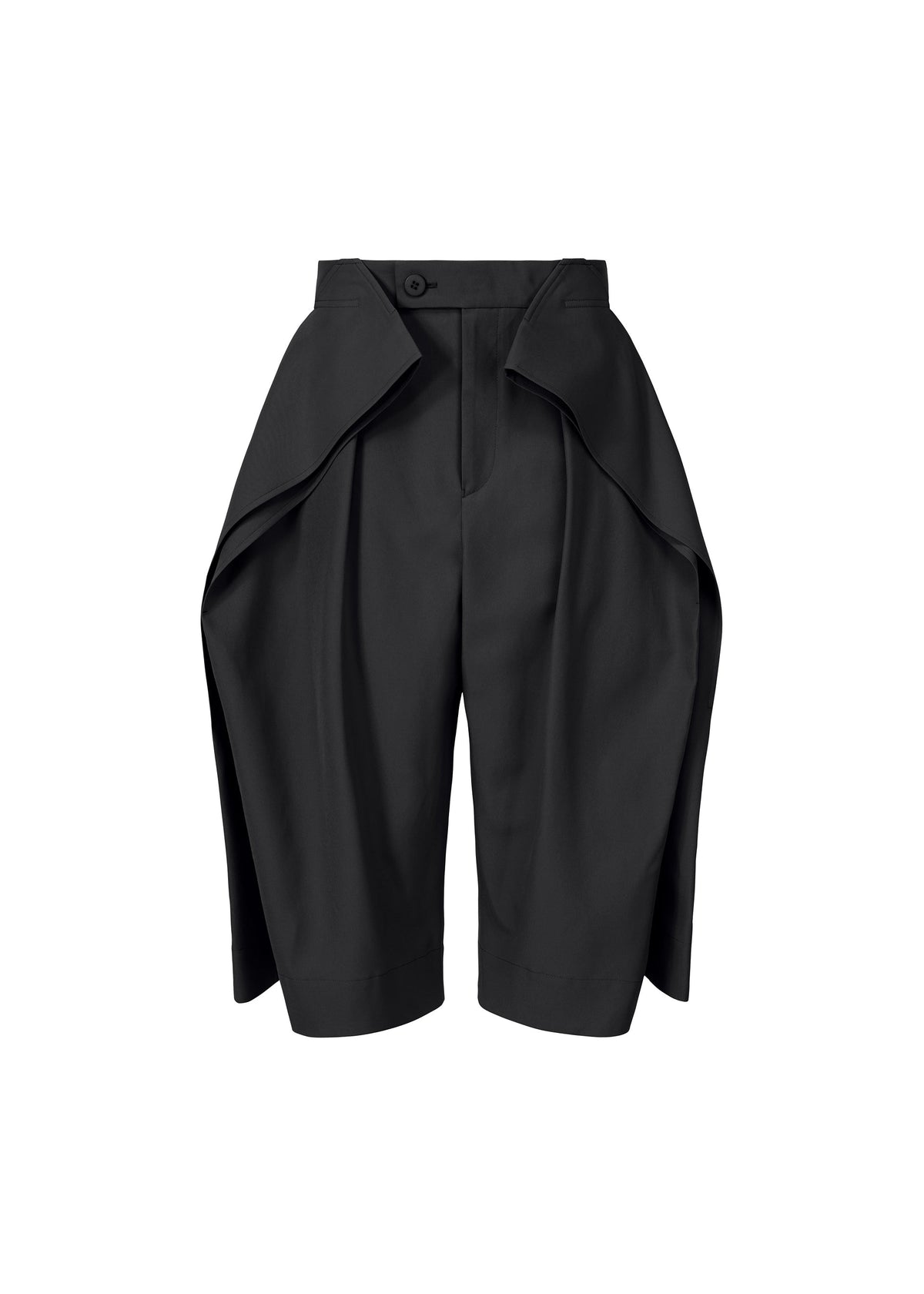 The FLUTTERING PANTS by ISSEY MIYAKE are black knee-length shorts made from lightweight, double-woven fabric with a matte finish, featuring a high waist, wide sculptural side panels, and a button-zip closure. view 2 of 7