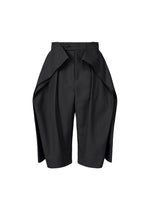 The FLUTTERING PANTS by ISSEY MIYAKE are black knee-length shorts made from lightweight, double-woven fabric with a matte finish, featuring a high waist, wide sculptural side panels, and a button-zip closure. - BLACK （no.15）