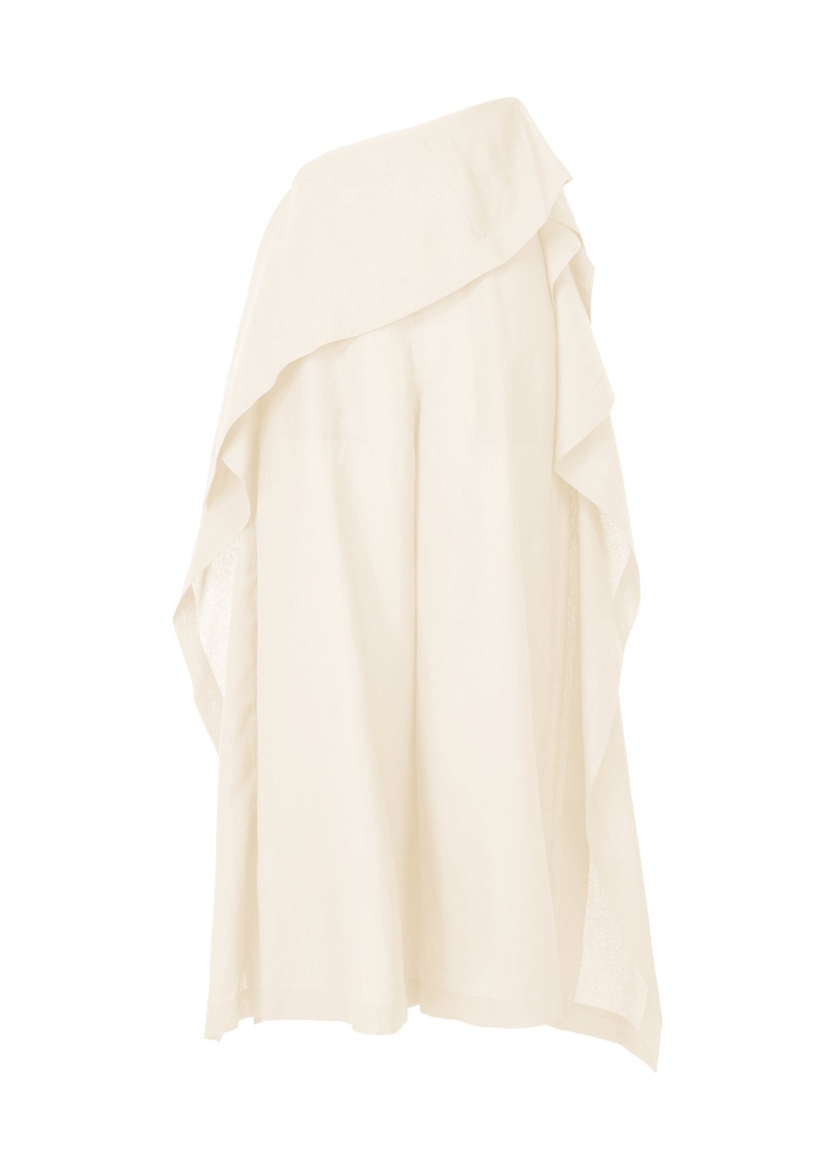 The ISSEY MIYAKE ALL SQUARES skirt is cream-colored with an asymmetrical design inspired by Japanese Washi paper, featuring layered ruffles draping down one side and shown against a plain white background. view 1 of 8