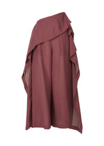 The ALL SQUARES by ISSEY MIYAKE is a mauve asymmetrical off-shoulder jumpsuit with wide legs and draped ultra-fine polyester layers, creating an elegant, flowing silhouette, shown on a white background. - BURGUNDY （no.85）