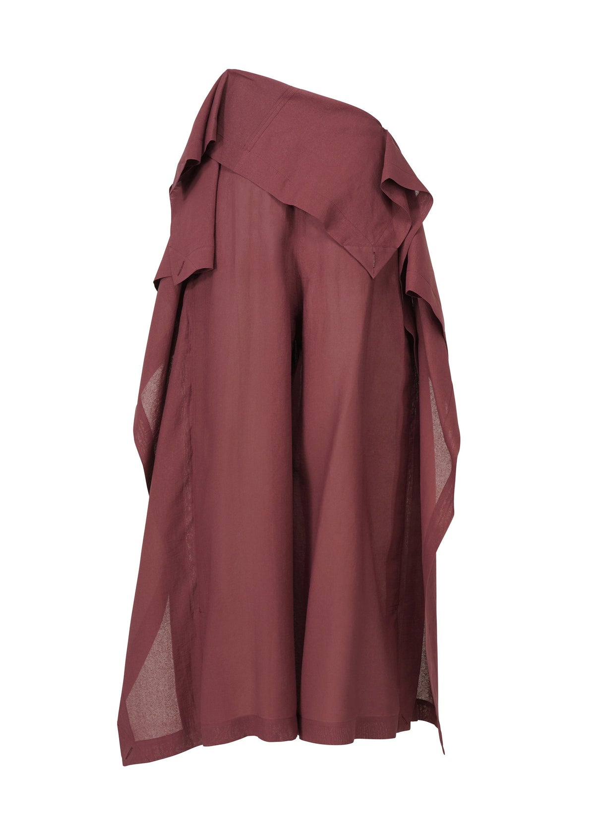 ALL SQUARES by ISSEY MIYAKE: Maroon wide-leg ultra-fine polyester pants with an asymmetric, layered design and draped panels, inspired by Washi paper’s delicate texture. view 4 of 8