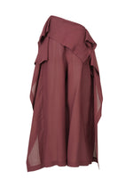 ALL SQUARES by ISSEY MIYAKE: Maroon wide-leg ultra-fine polyester pants with an asymmetric, layered design and draped panels, inspired by Washi paper’s delicate texture.