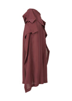 The ALL SQUARES cape by ISSEY MIYAKE is a loose, sleeveless maroon layer with draped fabric and a wide collar, showcased from the side on a white background.