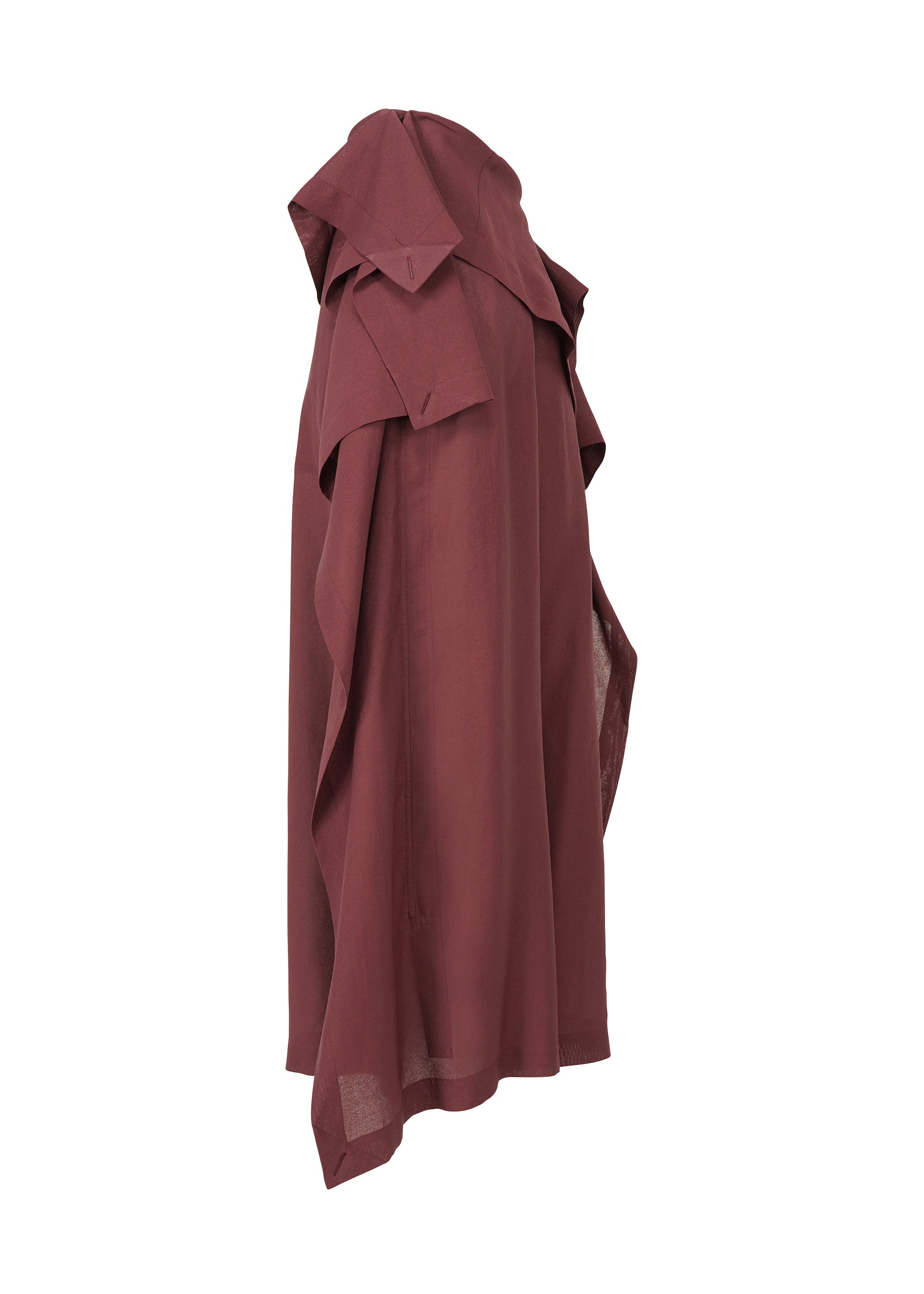 Zoomed view The ALL SQUARES cape by ISSEY MIYAKE is a loose, sleeveless maroon layer with draped fabric and a wide collar, showcased from the side on a white background.