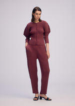 A woman models the ISSEY MIYAKE SLEEK PLEATS set—a textured maroon top with elbow sleeves and glossy straight-leg satin pants, styled with black open-toe sandals, all set against a plain light grey background.