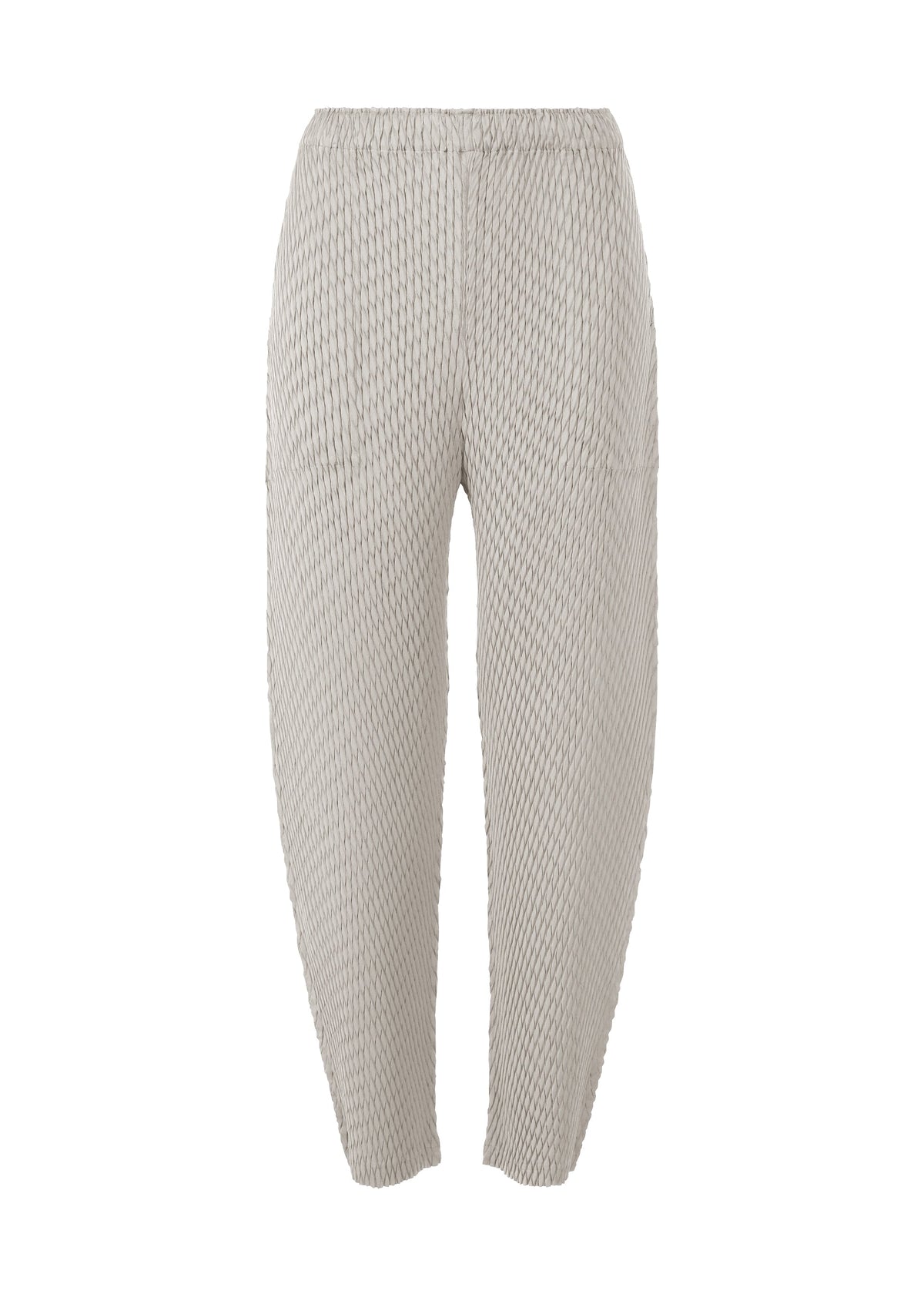ISSEY MIYAKE SLEEK PLEATS: Light gray pleated tapered pants with an elastic waistband and narrow ankle opening, made from woven fabric featuring a stylish honeycomb pattern, shown on a white background. view 1 of 8