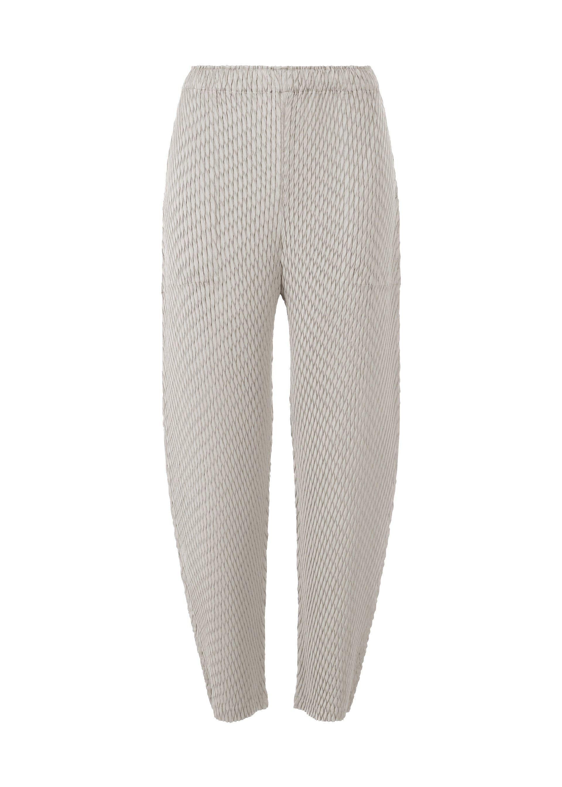 Zoomed view ISSEY MIYAKE SLEEK PLEATS: Light gray pleated tapered pants with an elastic waistband and narrow ankle opening, made from woven fabric featuring a stylish honeycomb pattern, shown on a white background. - LIGHT GRAY （no.11）