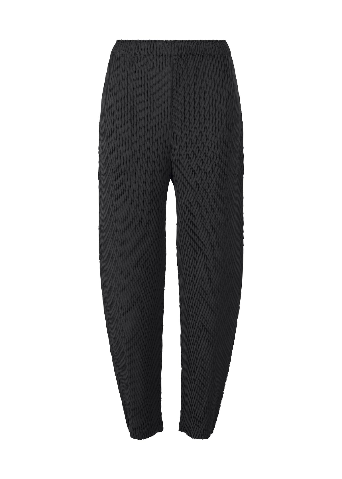 ISSEY MIYAKE SLEEK PLEATS leggings shown on a white background, featuring a black honeycomb-like pattern, high elastic waistband, and subtle glossy texture for stylish appeal. view 2 of 8