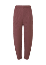 The SLEEK PLEATS by ISSEY MIYAKE are maroon, high-waisted leggings featuring a glossy finish and honeycomb pleats, displayed on a white background. - BURGUNDY （no.85）
