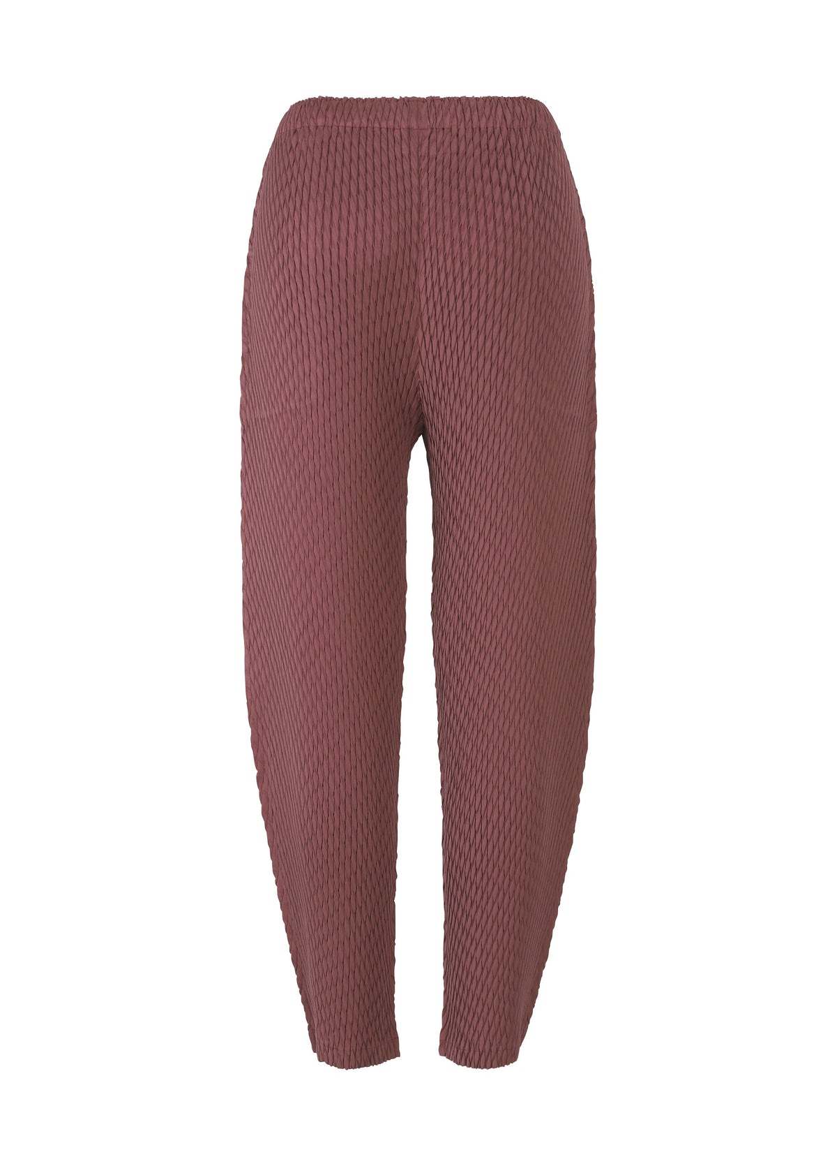 ISSEY MIYAKE's SLEEK PLEATS: High-waisted mauve leggings with a honeycomb pattern, glossy finish, elastic waistband, and tapered legs, shown on a white background. view 4 of 8