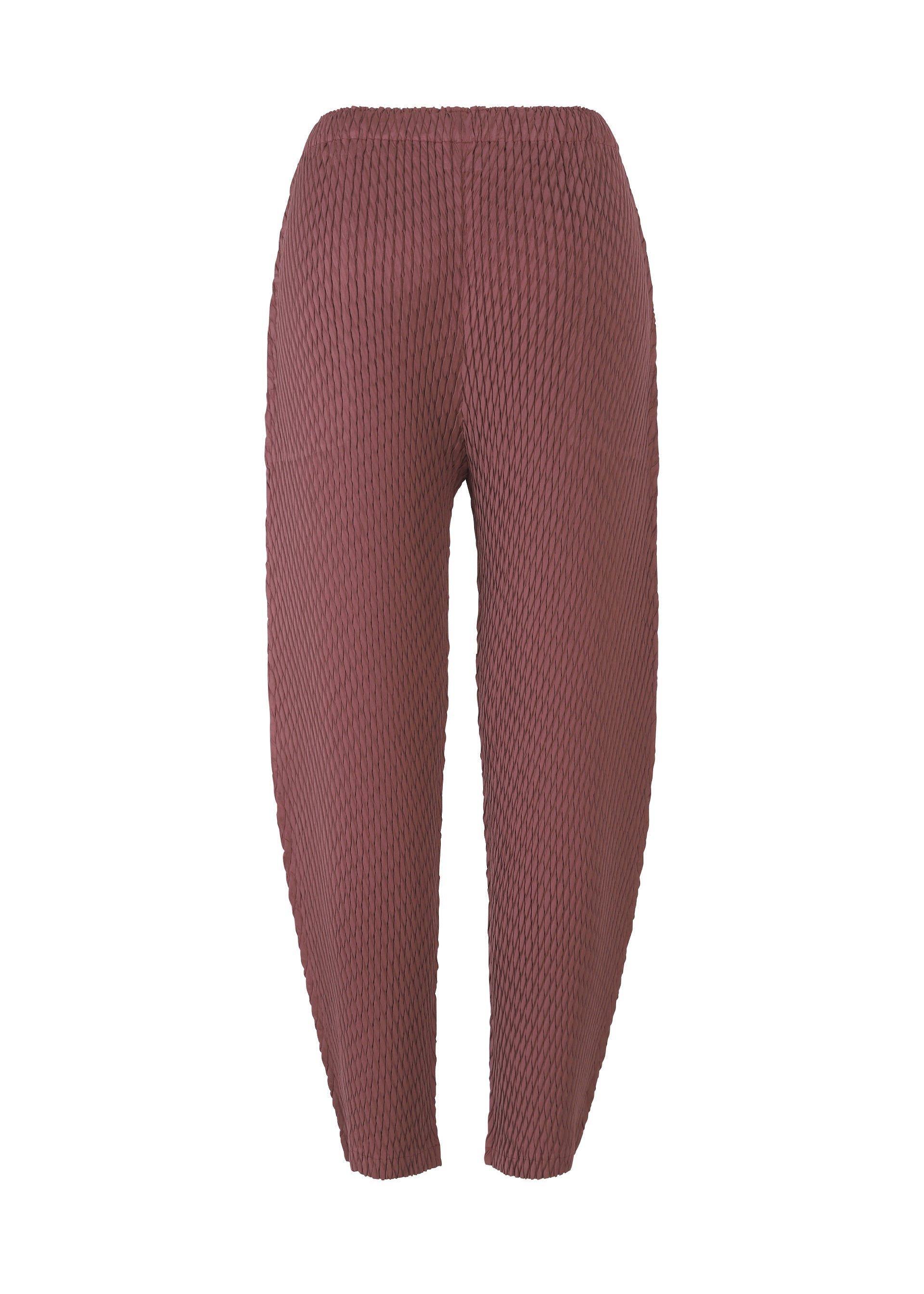 Zoomed view ISSEY MIYAKE's SLEEK PLEATS: High-waisted mauve leggings with a honeycomb pattern, glossy finish, elastic waistband, and tapered legs, shown on a white background.