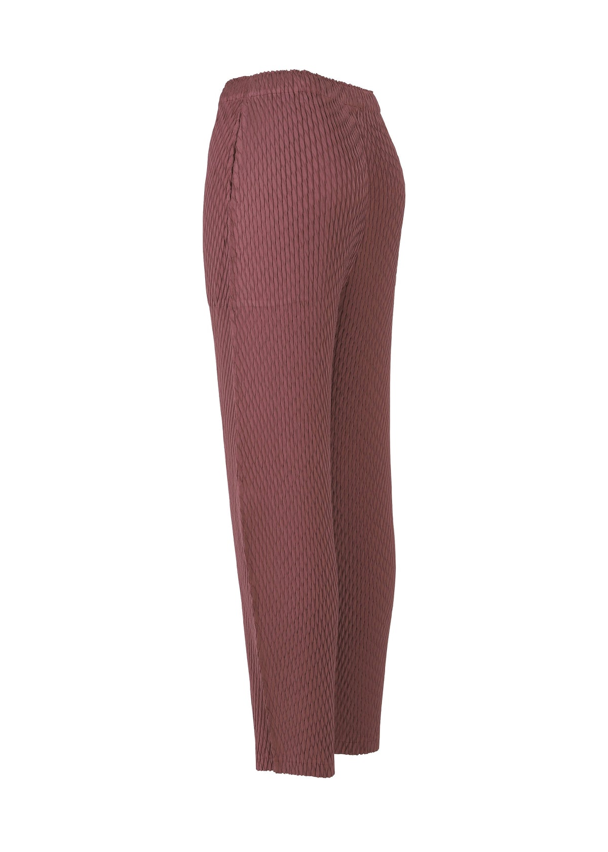 The SLEEK PLEATS women's satin pants by ISSEY MIYAKE, in textured mauve with an elastic waistband and straight legs, feature a subtle glossy finish. Shown from the side on a white background. view 5 of 8