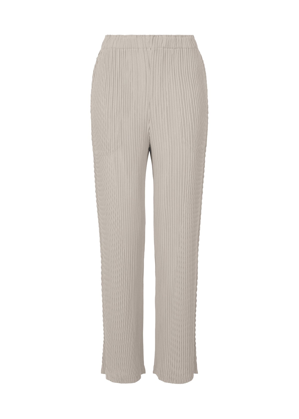 The BOX SHOULDER PLEATS pants by ISSEY MIYAKE feature light beige, double pleats, an elastic waistband, straight-leg fit, and a unique subtly striped texture, shown against a white background. view 1 of 8