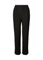 ISSEY MIYAKE BOX SHOULDER PLEATS: Black double-pleated straight-leg pants with an elastic waistband and subtle vertical ribbed texture, shown against a plain white background. - BLACK （no.15）