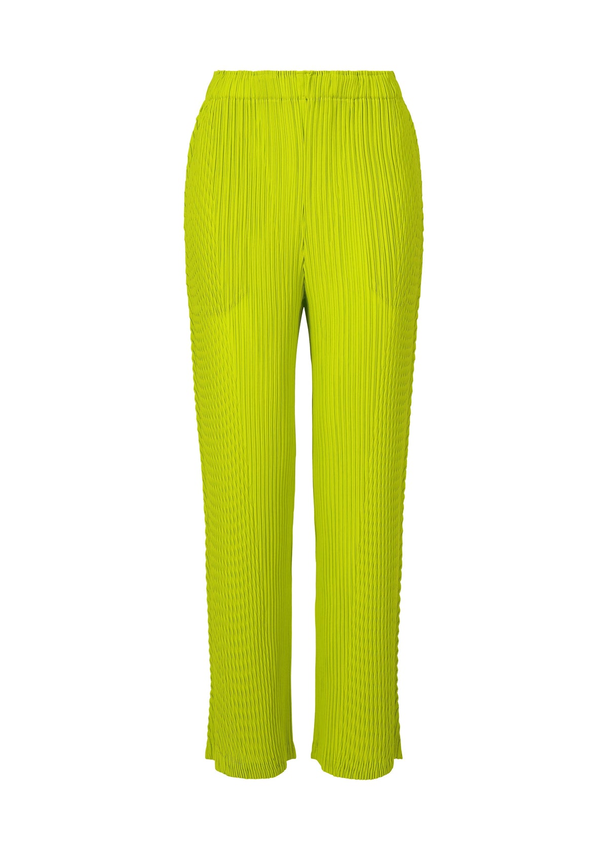 The ISSEY MIYAKE BOX SHOULDER PLEATS feature bright lime green double-pleated pants with a high elastic waistband, straight leg cut, and unique vertical line texture, shown against a white background. view 3 of 8