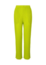 The ISSEY MIYAKE BOX SHOULDER PLEATS feature bright lime green double-pleated pants with a high elastic waistband, straight leg cut, and unique vertical line texture, shown against a white background. - PARAKEET GREEN （no.64）