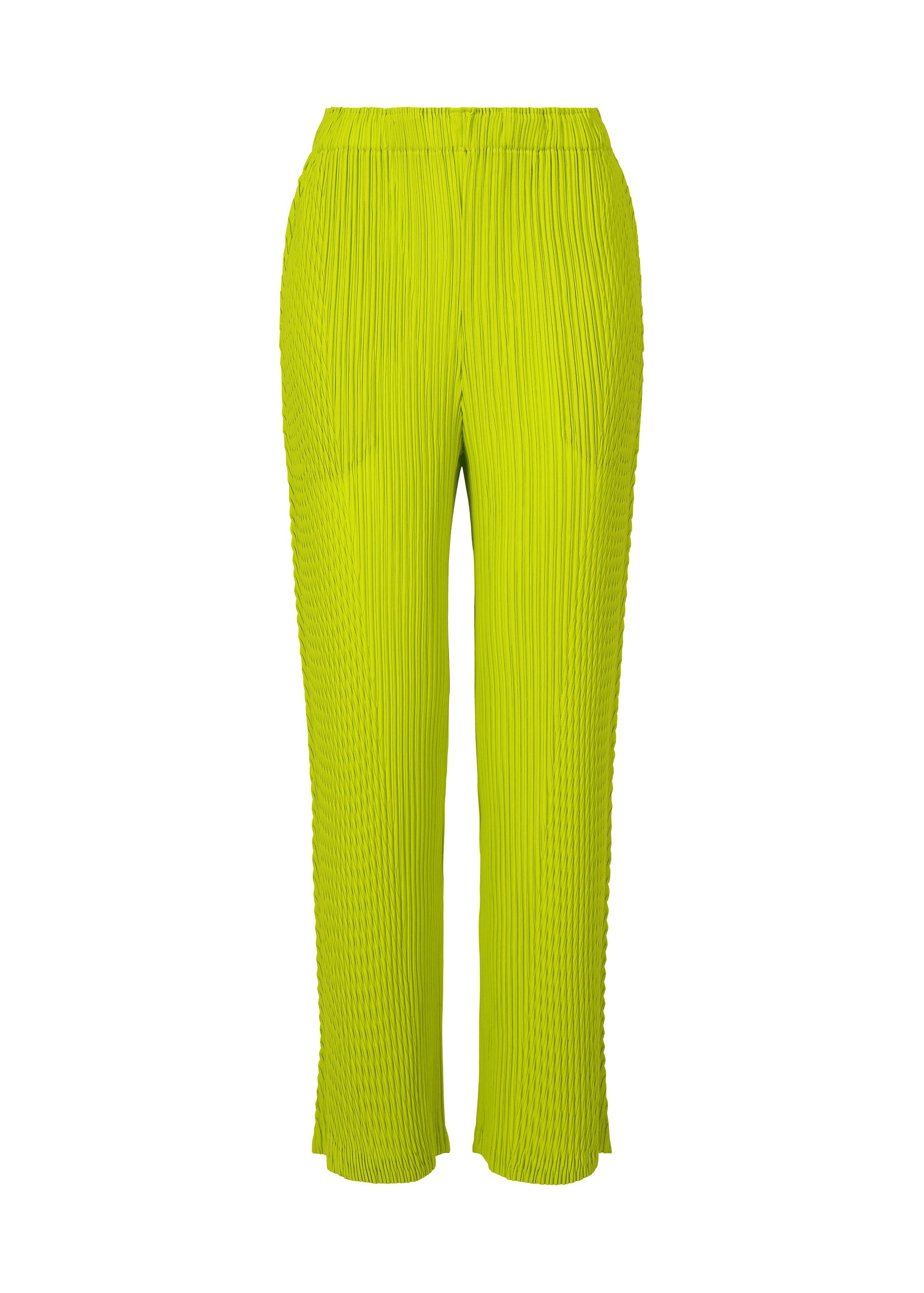 Zoomed view The ISSEY MIYAKE BOX SHOULDER PLEATS feature bright lime green double-pleated pants with a high elastic waistband, straight leg cut, and unique vertical line texture, shown against a white background. - PARAKEET GREEN （no.64）