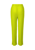 ISSEY MIYAKE BOX SHOULDER PLEATS pants in bright yellow-green, with an elastic waistband. Features straight-leg fit and unique texture from vertical pleats, shown against a white background.