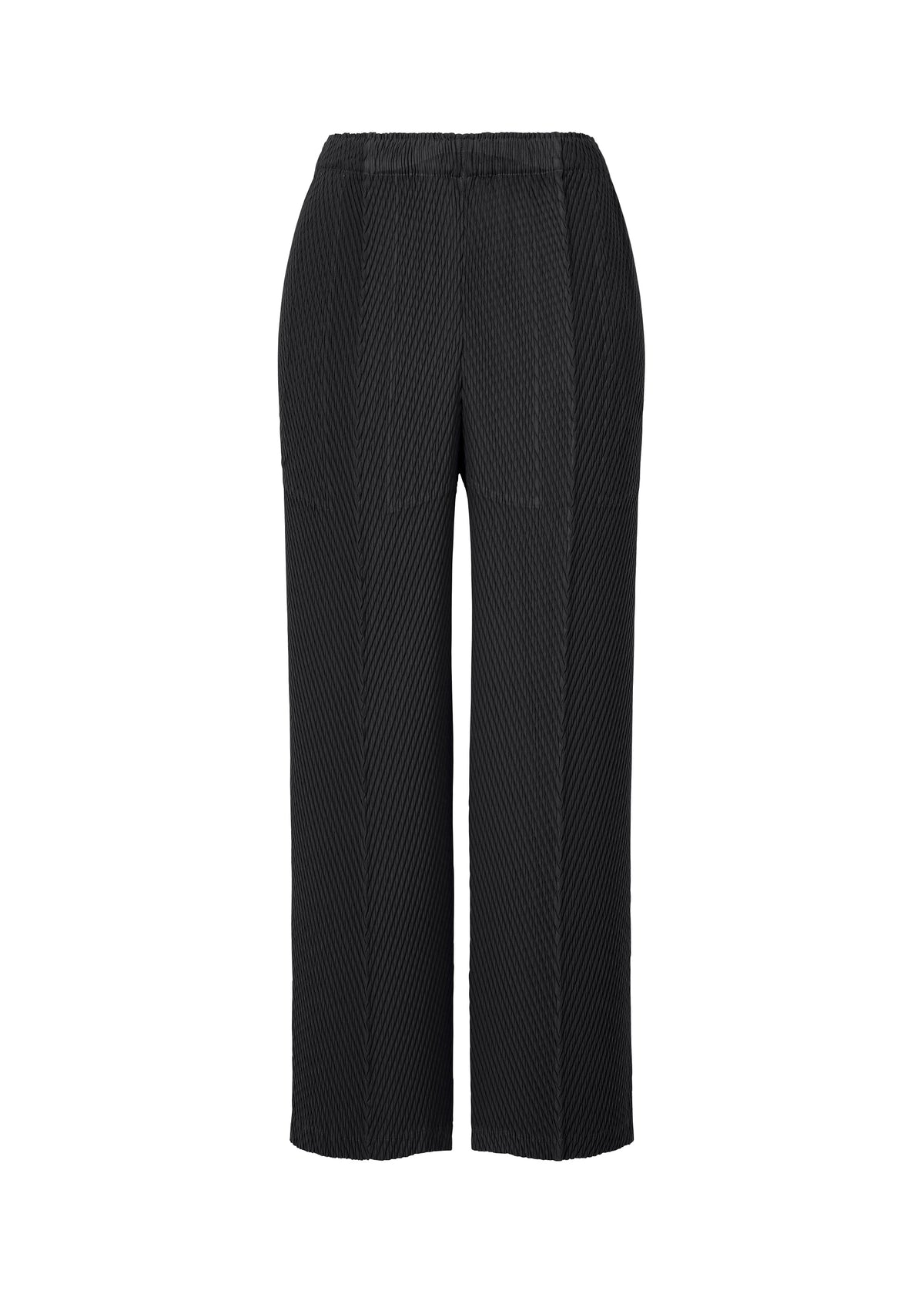 The ISSEY MIYAKE RHOMBUS PLEATS are black textured straight-leg pants with a relaxed fit, elastic waistband, two large front pockets, and subtle vertical seams, shown against a white background. view 1 of 7