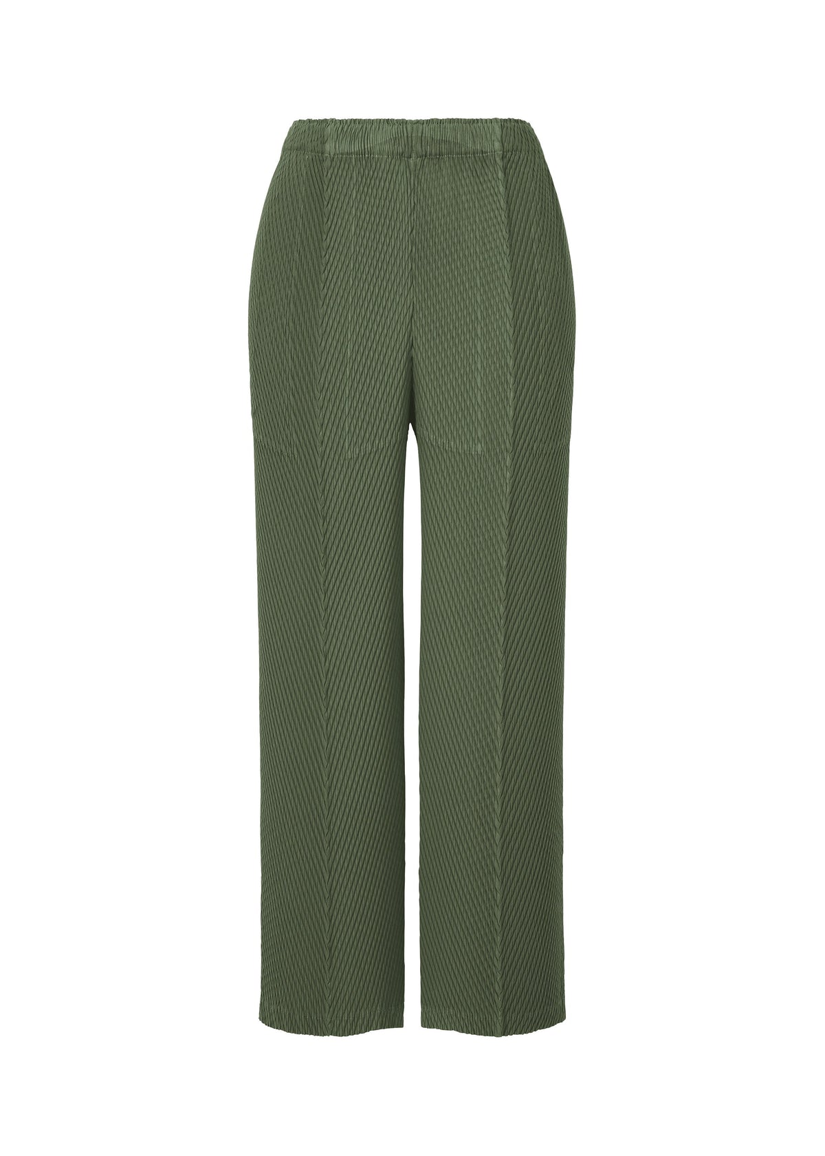The ISSEY MIYAKE RHOMBUS PLEATS pants are olive green, high-waisted, and wide-leg with a textured ribbed pattern. Featuring an elastic waistband and relaxed fit, the straight-cut legs are displayed on a plain white background. view 2 of 7