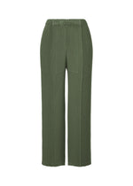 The ISSEY MIYAKE RHOMBUS PLEATS pants are olive green, high-waisted, and wide-leg with a textured ribbed pattern. Featuring an elastic waistband and relaxed fit, the straight-cut legs are displayed on a plain white background. - DARK GREEN （no.63）