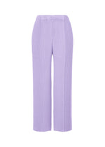 The ISSEY MIYAKE RHOMBUS PLEATS are high-waisted, lavender wide-leg pants with double pleats and vertical seams, made from textured fabric for a relaxed fit. Shown on a plain white background. - PURPLE （no.81）