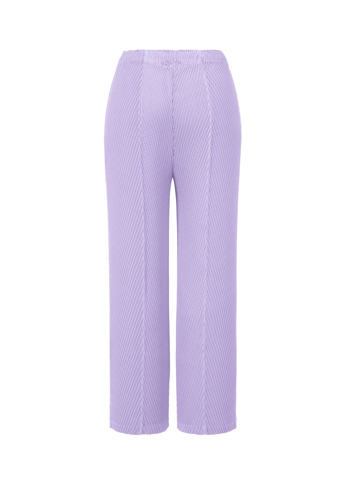 The RHOMBUS PLEATS pants by ISSEY MIYAKE are high-waisted, straight-leg trousers in light purple ribbed fabric with double-pleating, shown on a plain white background. view 4 of 7