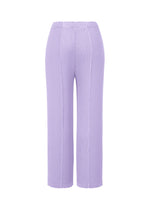 The RHOMBUS PLEATS pants by ISSEY MIYAKE are high-waisted, straight-leg trousers in light purple ribbed fabric with double-pleating, shown on a plain white background.