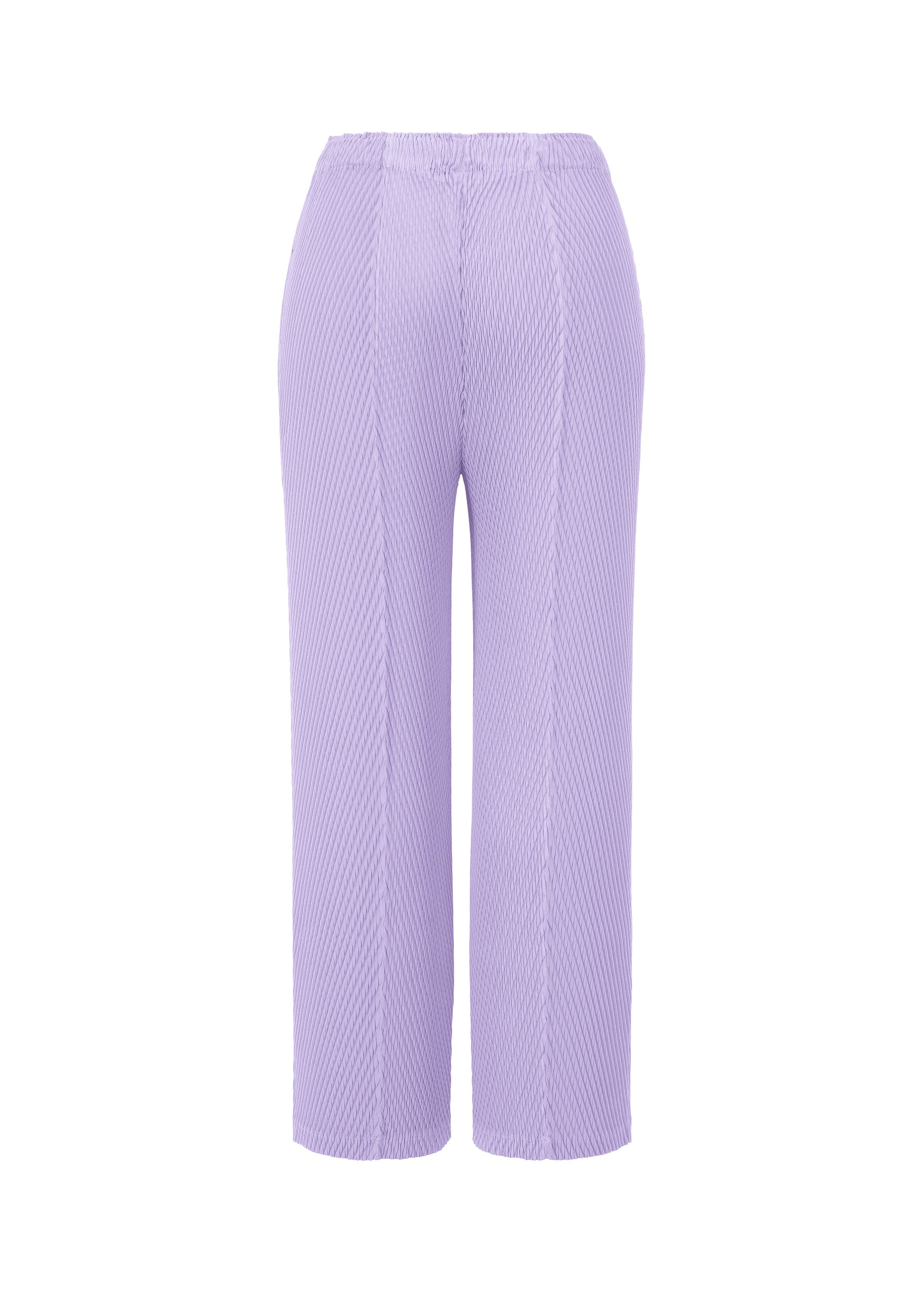 Zoomed view The RHOMBUS PLEATS pants by ISSEY MIYAKE are high-waisted, straight-leg trousers in light purple ribbed fabric with double-pleating, shown on a plain white background.