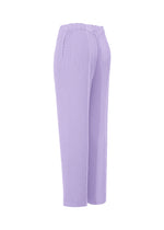 ISSEY MIYAKE RHOMBUS PLEATS high-waisted lavender pants feature a subtle textured pattern, double pleats, elastic waistband, and side pockets in a relaxed fit, shown from the rear side on a white background.