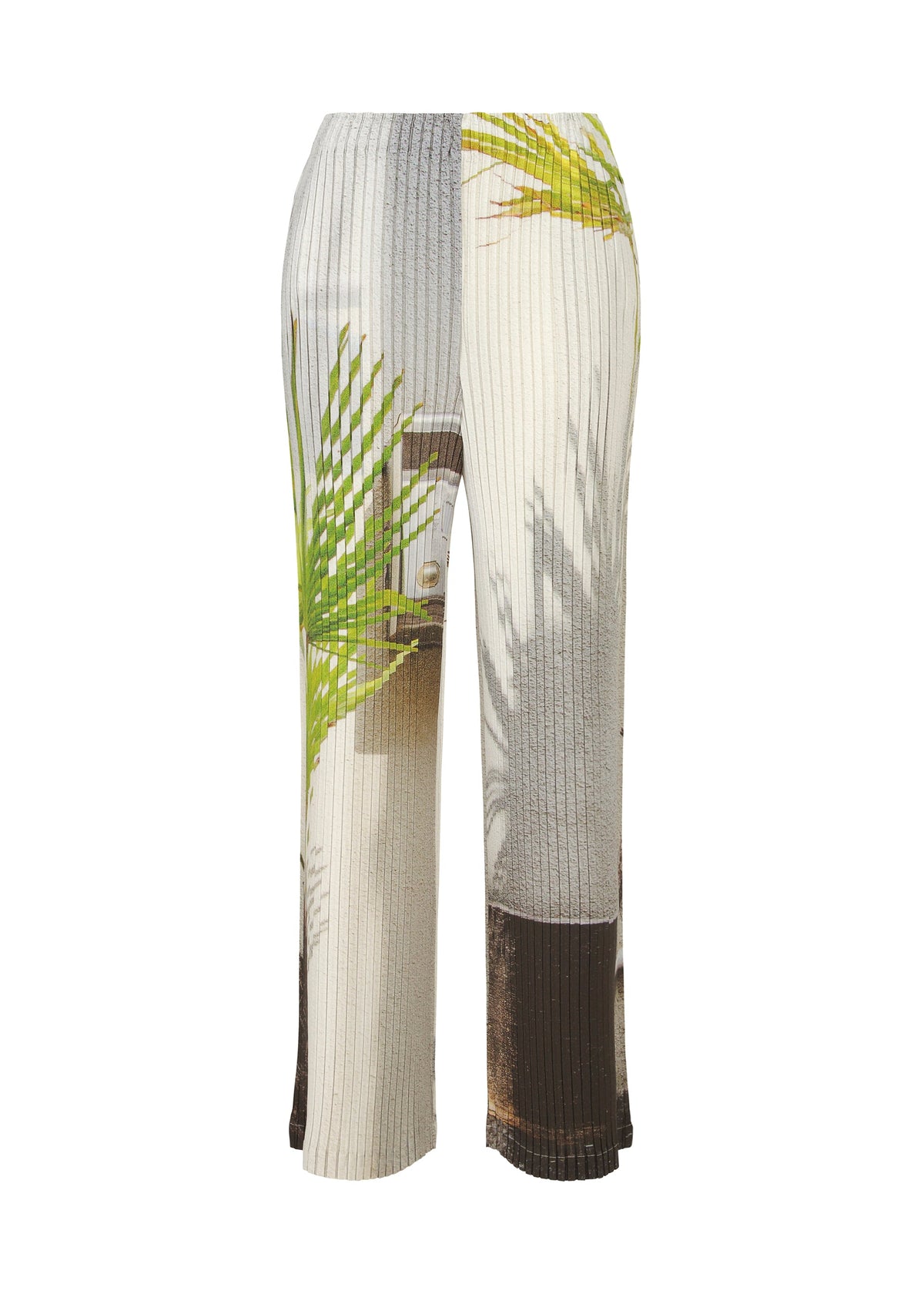 The ISSEY MIYAKE URBAN JUNGLE PLEATS pants feature a ribbed knit with green palm leaves and vertical shadows in white, beige, brown, and green. These high-waisted, straight-leg pants offer a fresh and contemporary jungle-inspired look. view 1 of 8