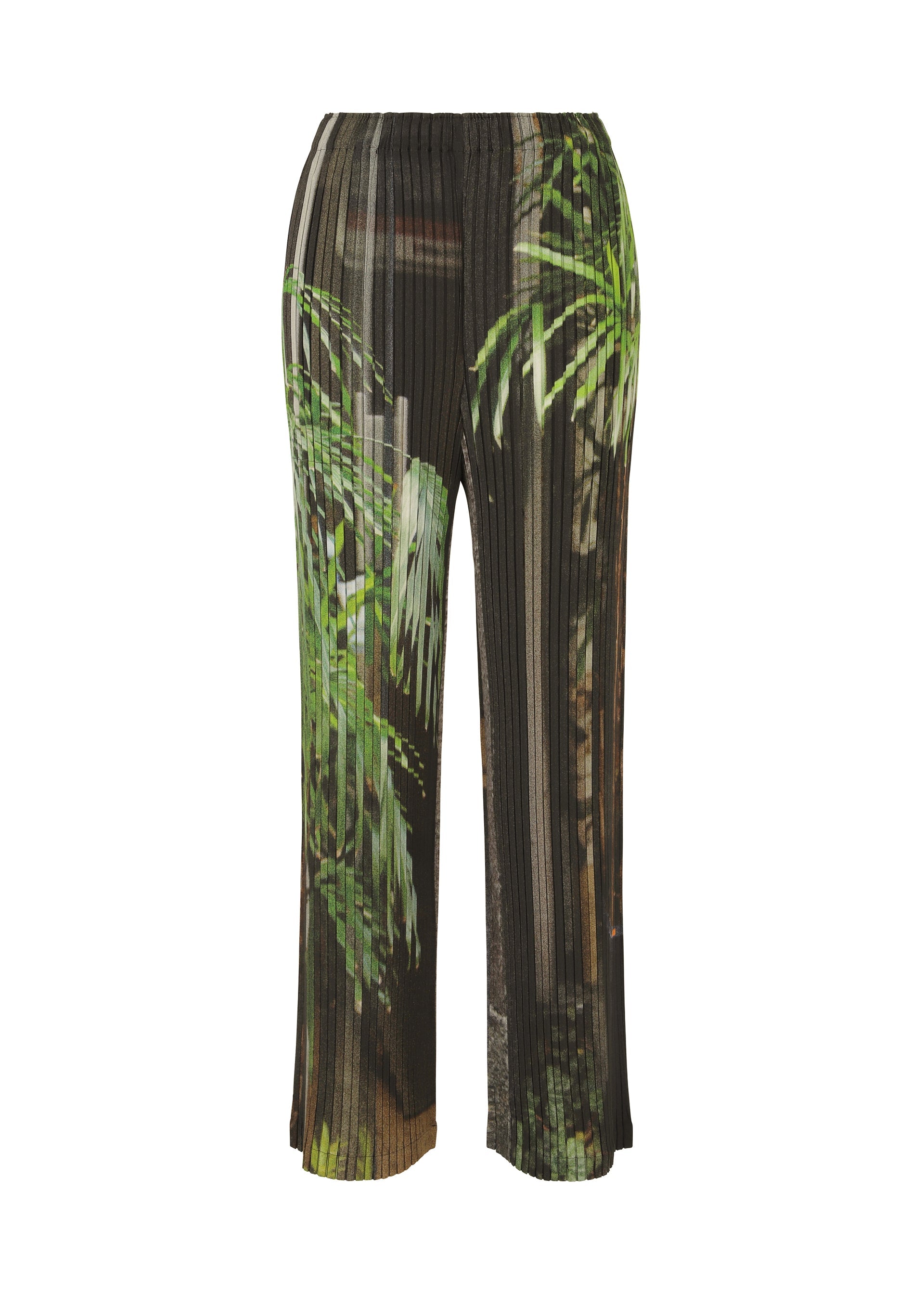 Zoomed view The ISSEY MIYAKE URBAN JUNGLE PLEATS are loose-fitting, ribbed pants with an elastic waistband, showcasing a tropical print of green palm leaves and brown vertical stripes. - BLACK-HUED （no.17）