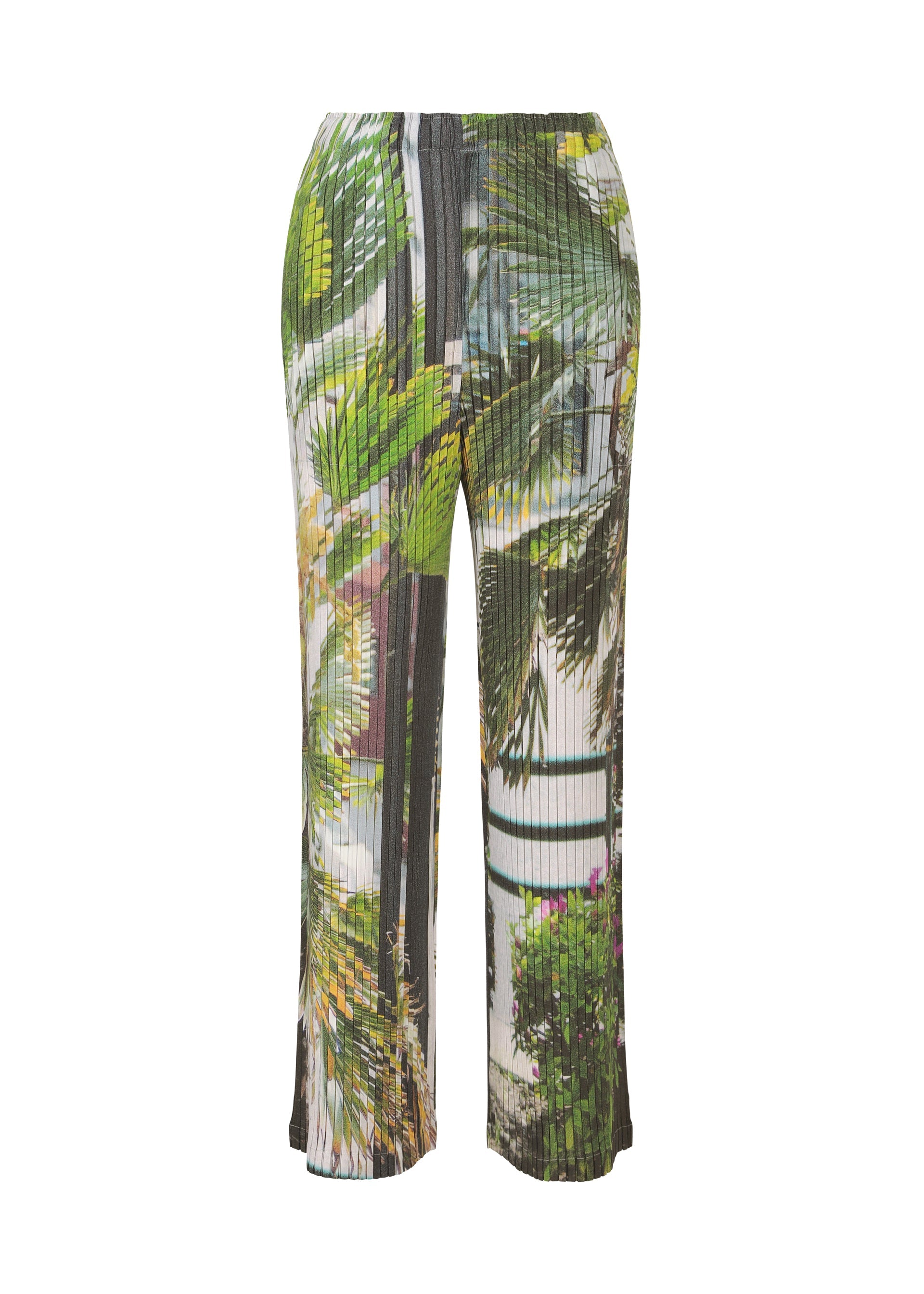 Zoomed view The URBAN JUNGLE PLEATS by ISSEY MIYAKE are high-waisted, straight-leg pants with a green, yellow, and brown tropical foliage print and an elastic waistband for all-day comfort.
