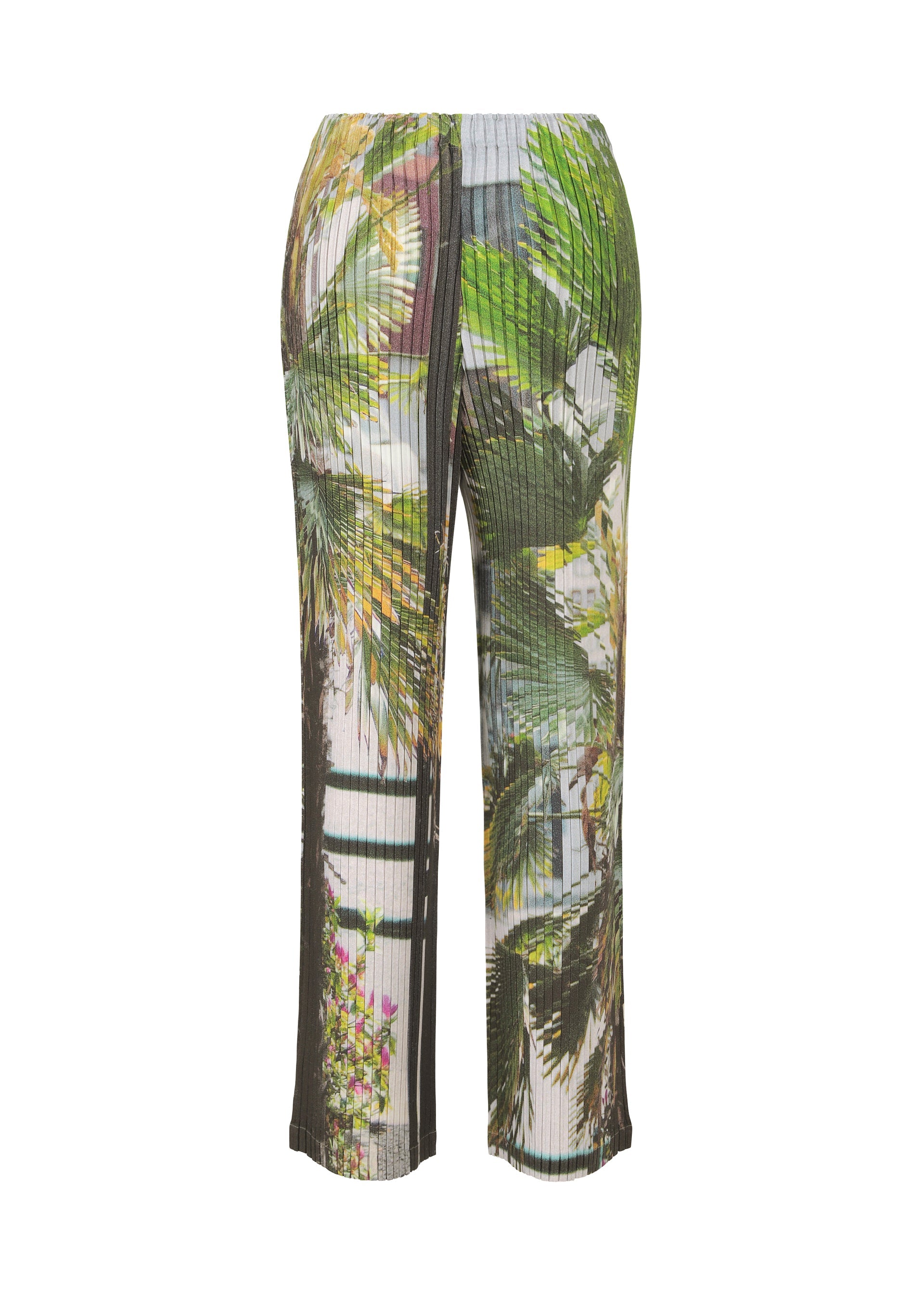 Zoomed view The ISSEY MIYAKE URBAN JUNGLE PLEATS are straight-leg, pleated pants with a green, yellow, and brown tropical palm print on a light background.