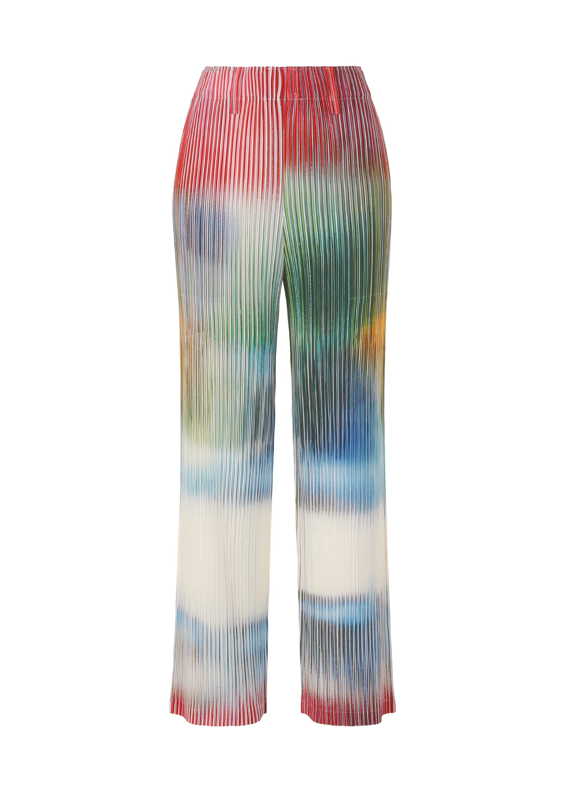Zoomed view The OBSCURE PLEATS pants by ISSEY MIYAKE feature a high-waist, straight-leg silhouette in pleated polyester with vibrant red, green, blue, yellow, and white striped tie-dye for a bold patterned look.