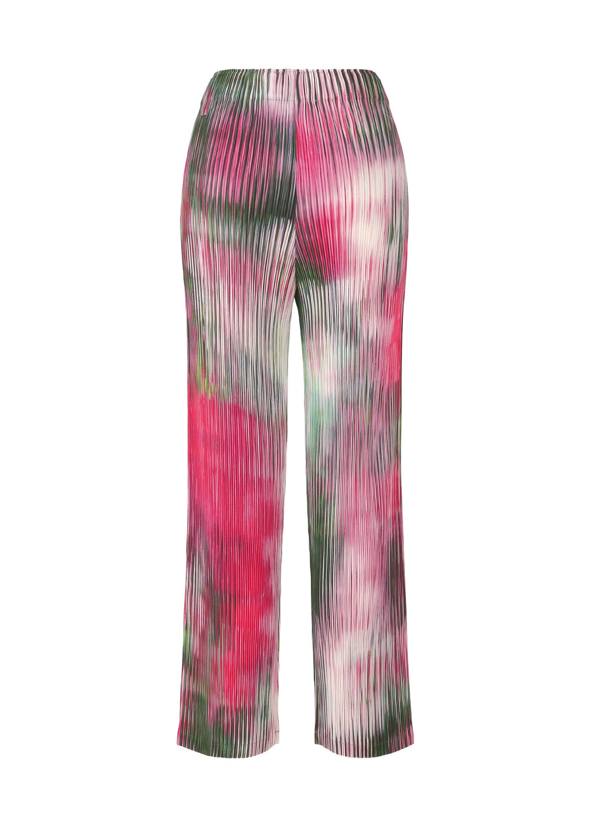 The OBSCURE PLEATS pants by ISSEY MIYAKE feature a colorful tie-dye pattern in pink, green, white, and red on pleated polyester with a high waist and wide legs. The lightweight texture adds a playful touch to these vibrant pants. view 4 of 8