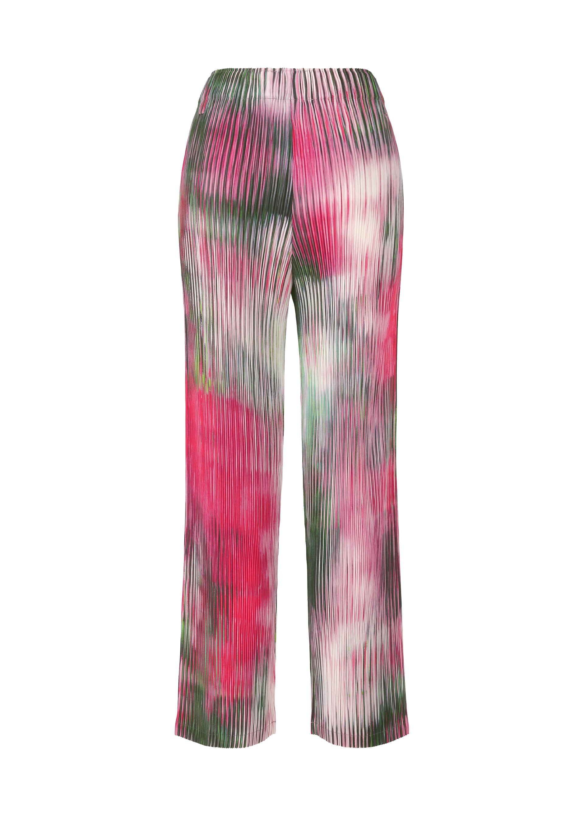 Zoomed view The OBSCURE PLEATS pants by ISSEY MIYAKE feature a colorful tie-dye pattern in pink, green, white, and red on pleated polyester with a high waist and wide legs. The lightweight texture adds a playful touch to these vibrant pants.