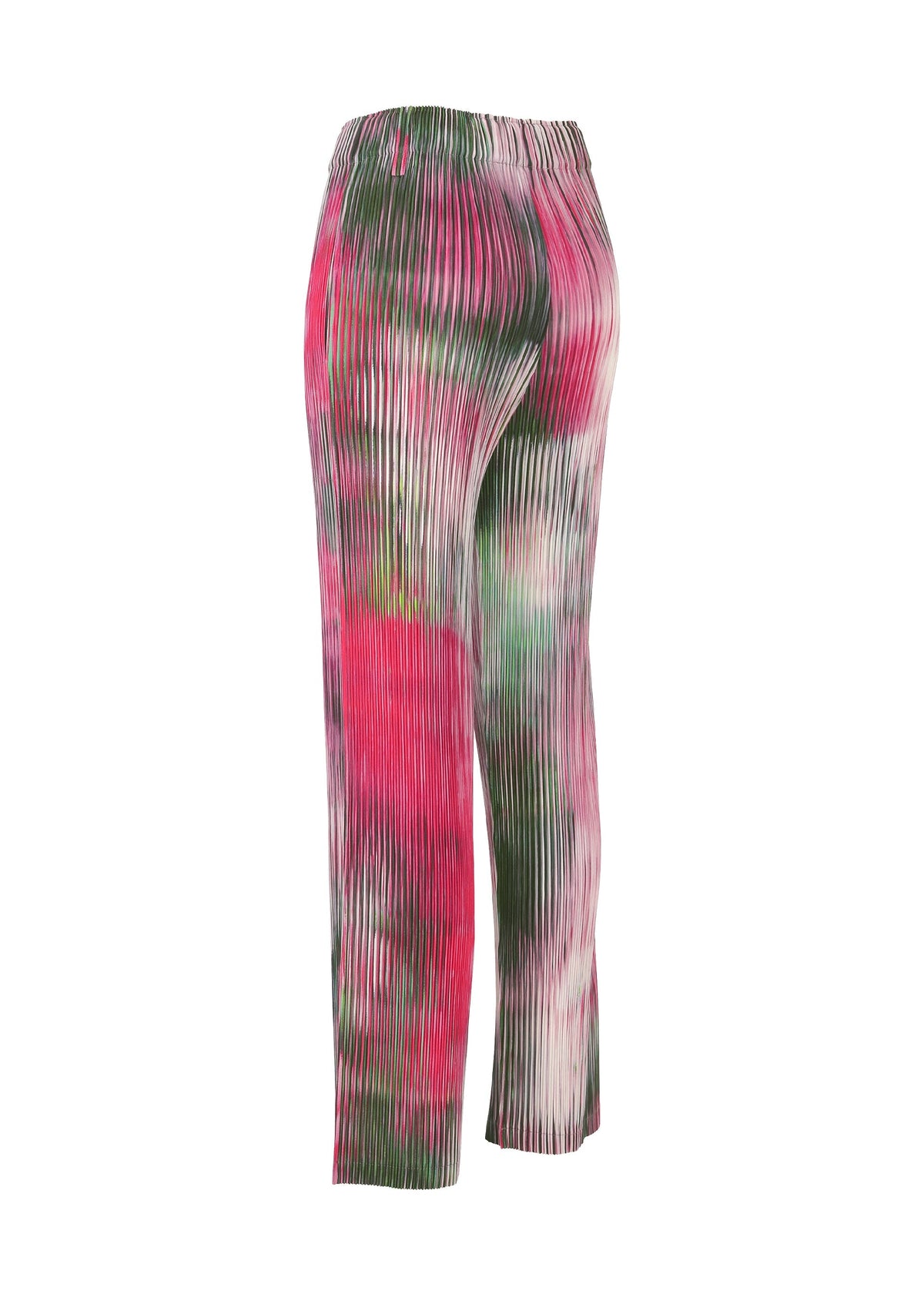 The OBSCURE PLEATS by ISSEY MIYAKE are high-waisted, pleated polyester pants featuring an abstract tie-dye pattern in pink, green, white, and red, shown on a white background. view 5 of 8