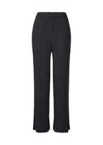 The ISSEY MIYAKE HATCHING PLEATS are black pleated straight pants with an elastic waistband, a relaxed fit, and a lightweight textured finish, crafted from recycled polyester for sustainability. Displayed against a white background. - BLACK （no.15）