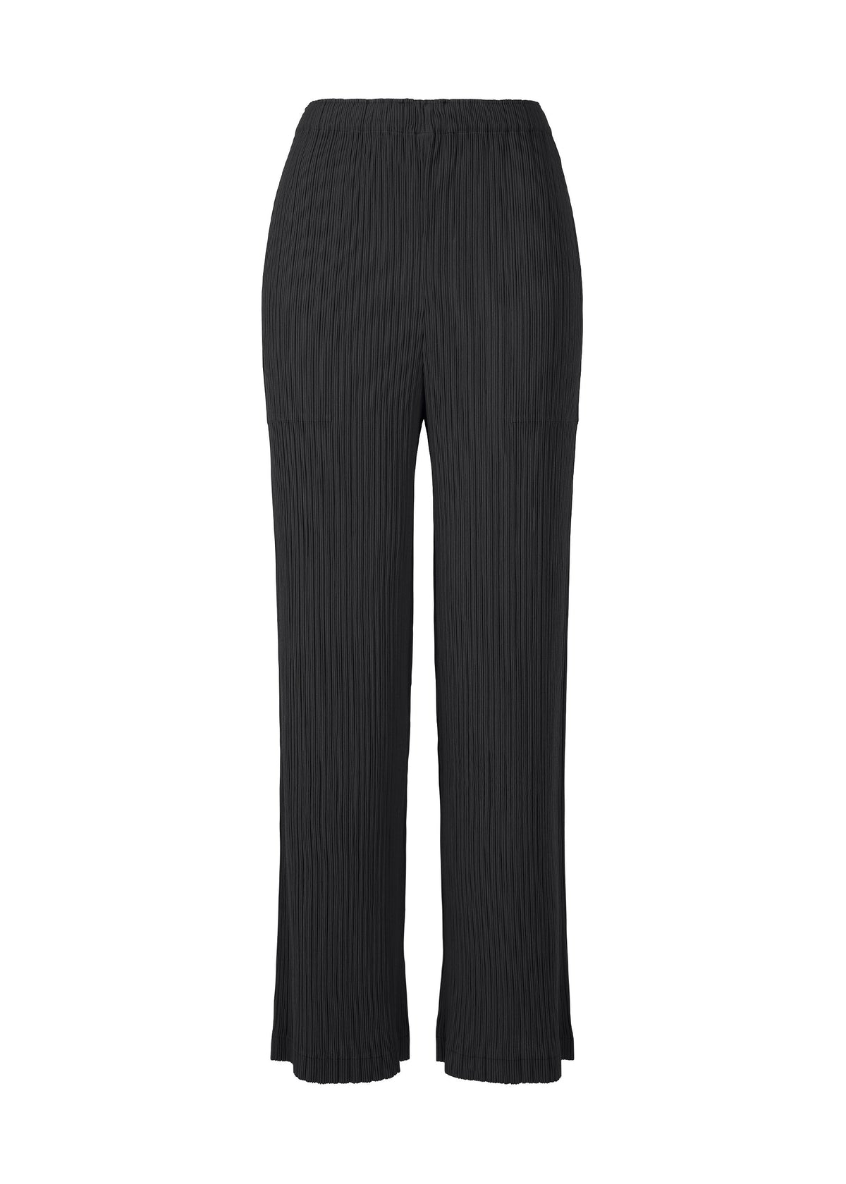 The HATCHING PLEATS pants by ISSEY MIYAKE feature black crinkle-textured pleats and an elastic waistband, crafted from recycled polyester and displayed on a white background. view 1 of 5