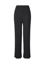 The HATCHING PLEATS pants by ISSEY MIYAKE feature black crinkle-textured pleats and an elastic waistband, crafted from recycled polyester and displayed on a white background. - BLACK （no.15）