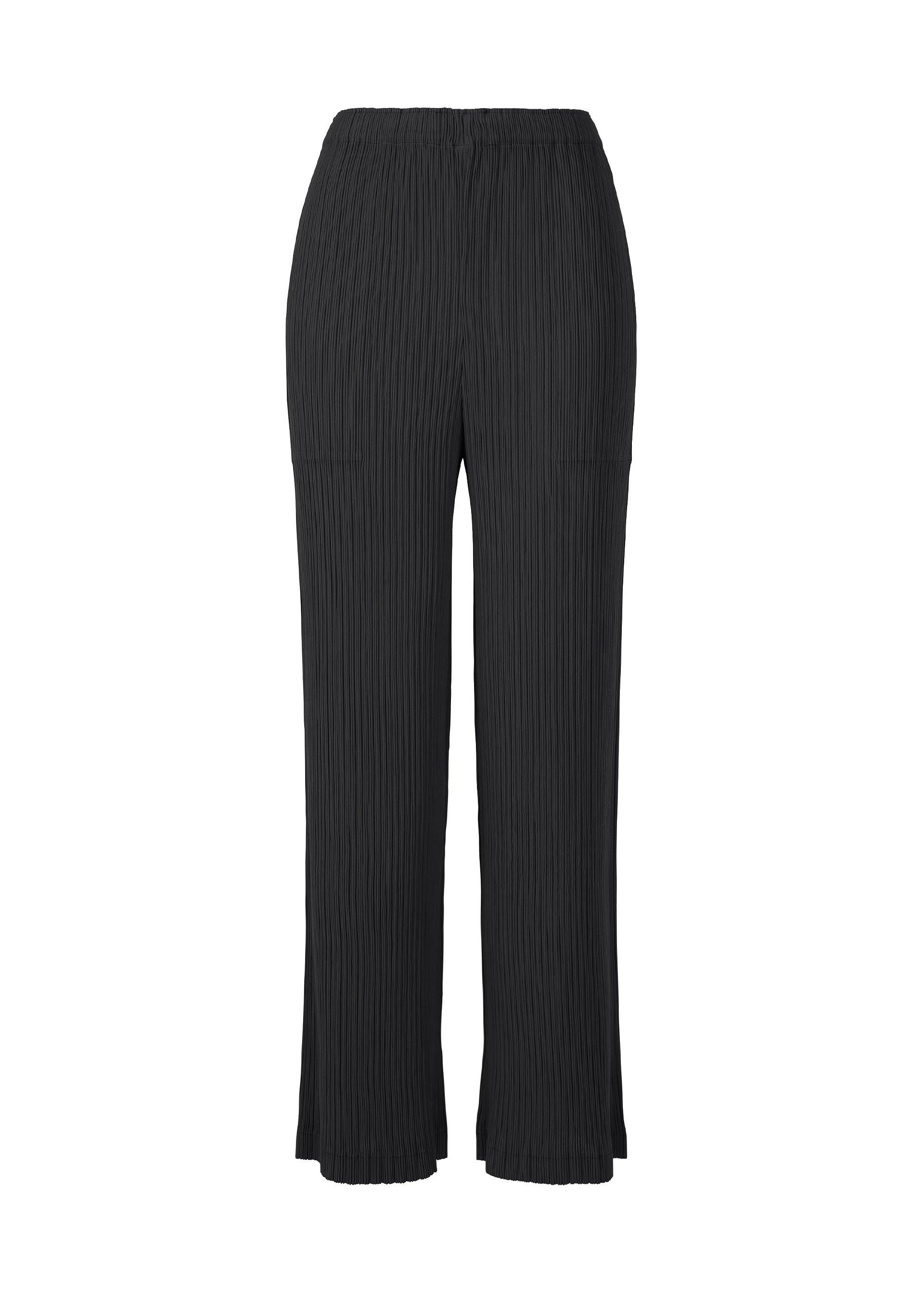 Zoomed view The HATCHING PLEATS pants by ISSEY MIYAKE feature black crinkle-textured pleats and an elastic waistband, crafted from recycled polyester and displayed on a white background. - BLACK （no.15）