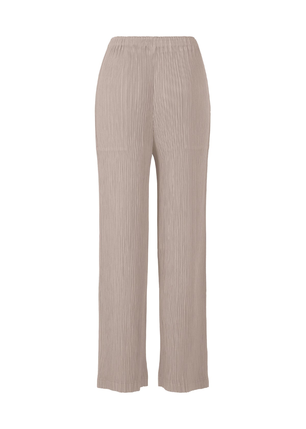 ISSEY MIYAKE's HATCHING PLEATS: Light beige, high-waisted pleated straight pants with a textured finish and elastic waistband, made from recycled polyester and shown on a plain white background. view 4 of 7