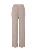 ISSEY MIYAKE's HATCHING PLEATS: Light beige, high-waisted pleated straight pants with a textured finish and elastic waistband, made from recycled polyester and shown on a plain white background.
